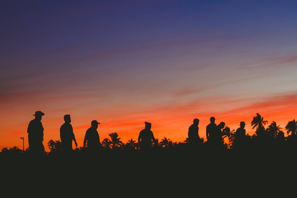 silhouette of people on the field during golden hour