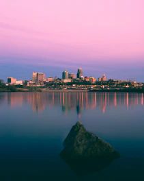 high-rise buildings against pink sky