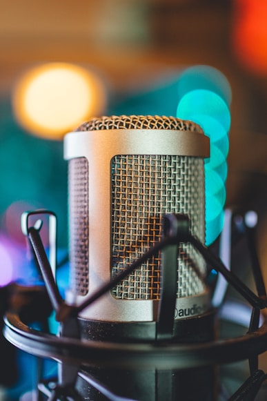 bokeh photo of gray Audio-Technica condenser microphone