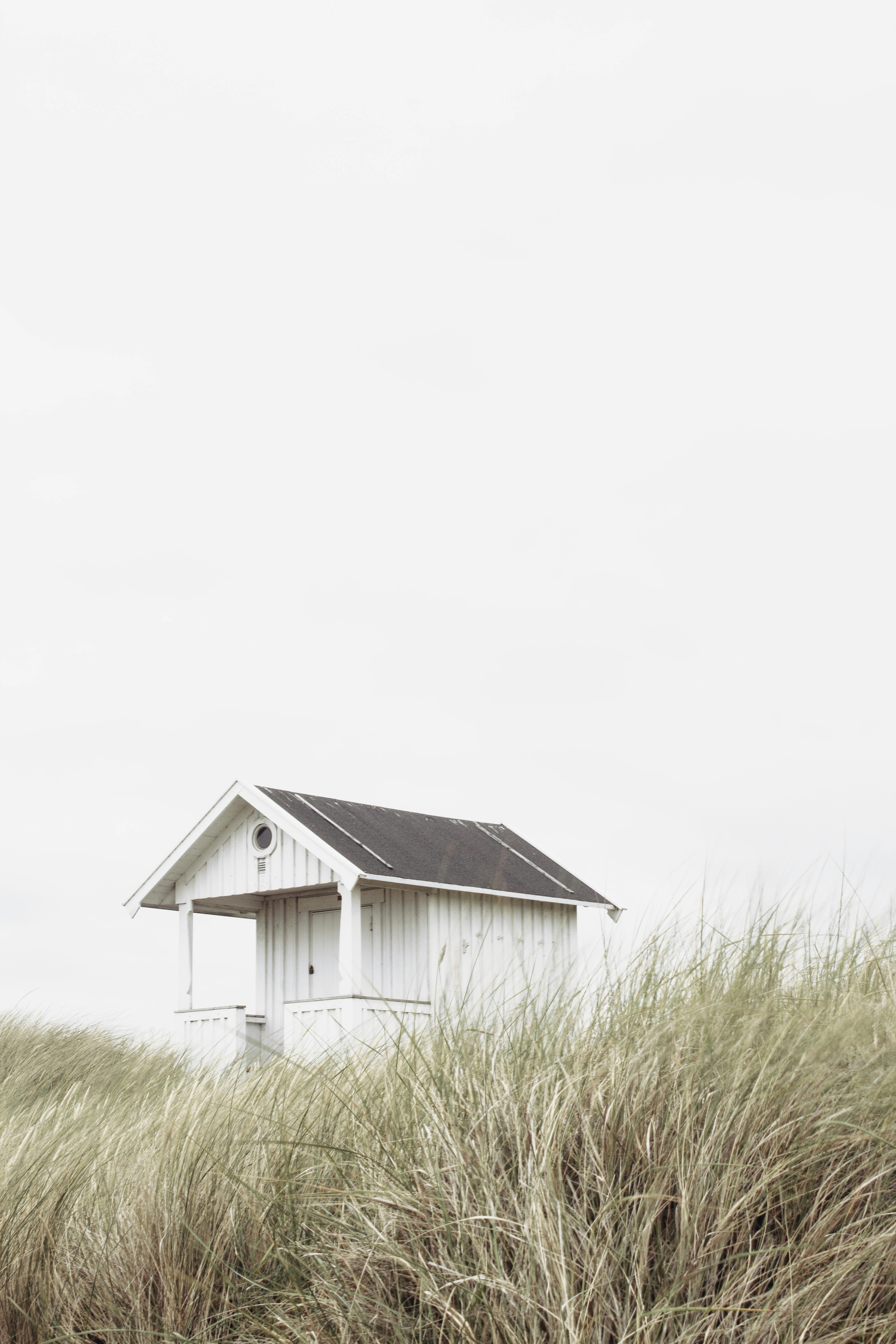 white and black wooden shed in the middle of brown grass under white sky