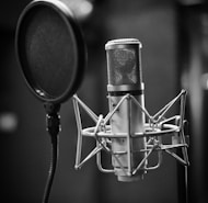 grayscale photo of condenser microphone beside pop filter