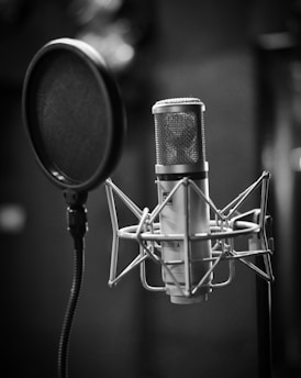 grayscale photo of condenser microphone beside pop filter