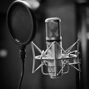 grayscale photo of condenser microphone beside pop filter