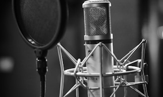 grayscale photo of condenser microphone beside pop filter