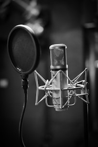 grayscale photo of condenser microphone beside pop filter