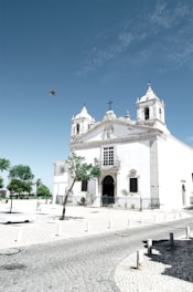 A white stone church with two bell towers and a central cross is situated in a sunlit plaza. The building is surrounded by a cobblestone path, with a few sparse trees and a couple of birds flying in the sky. The architecture is grand and historic, featuring arched entrances and decorative stonework.