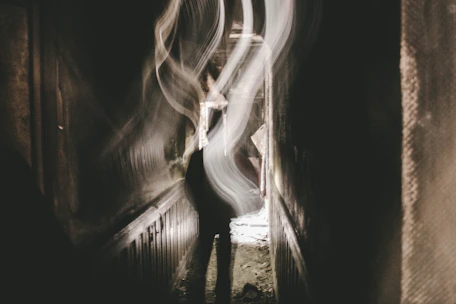 Dimly lit eerie hallway with flickering lights and shadowy figures.