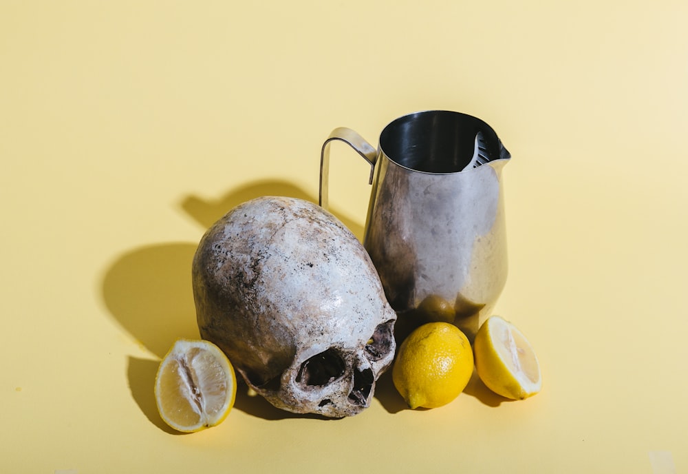Menschlicher Schädel neben Krug und Zitronen