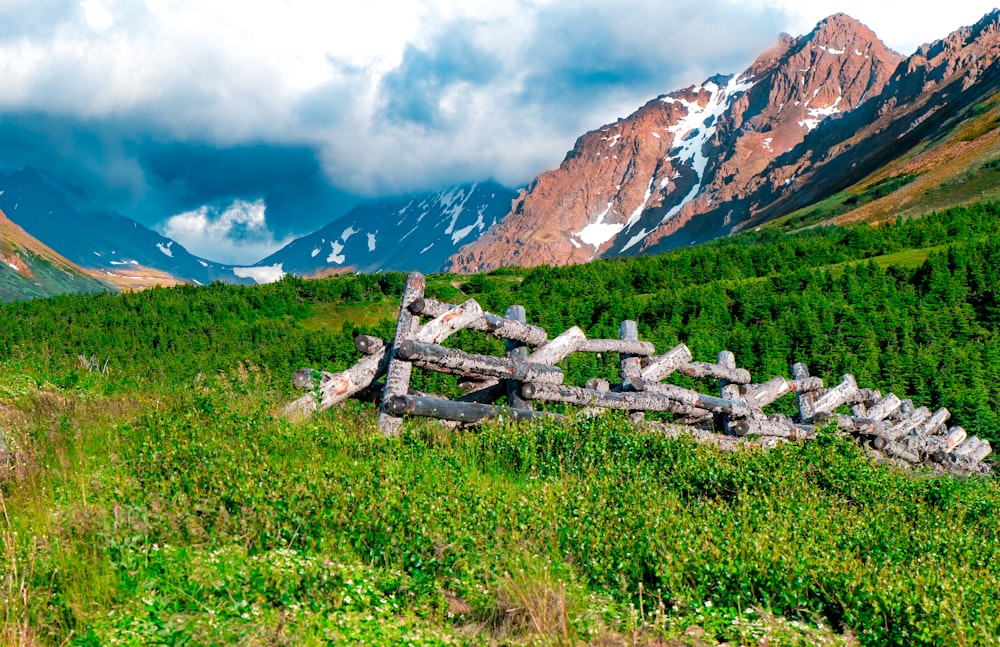 a wooden fence sitting in the middle of a lush green field