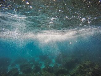 Underwater scene featuring vibrant blue water with sunlight penetrating from above. Air bubbles rise towards the surface, and rocky formations and algae are visible on the ocean floor.