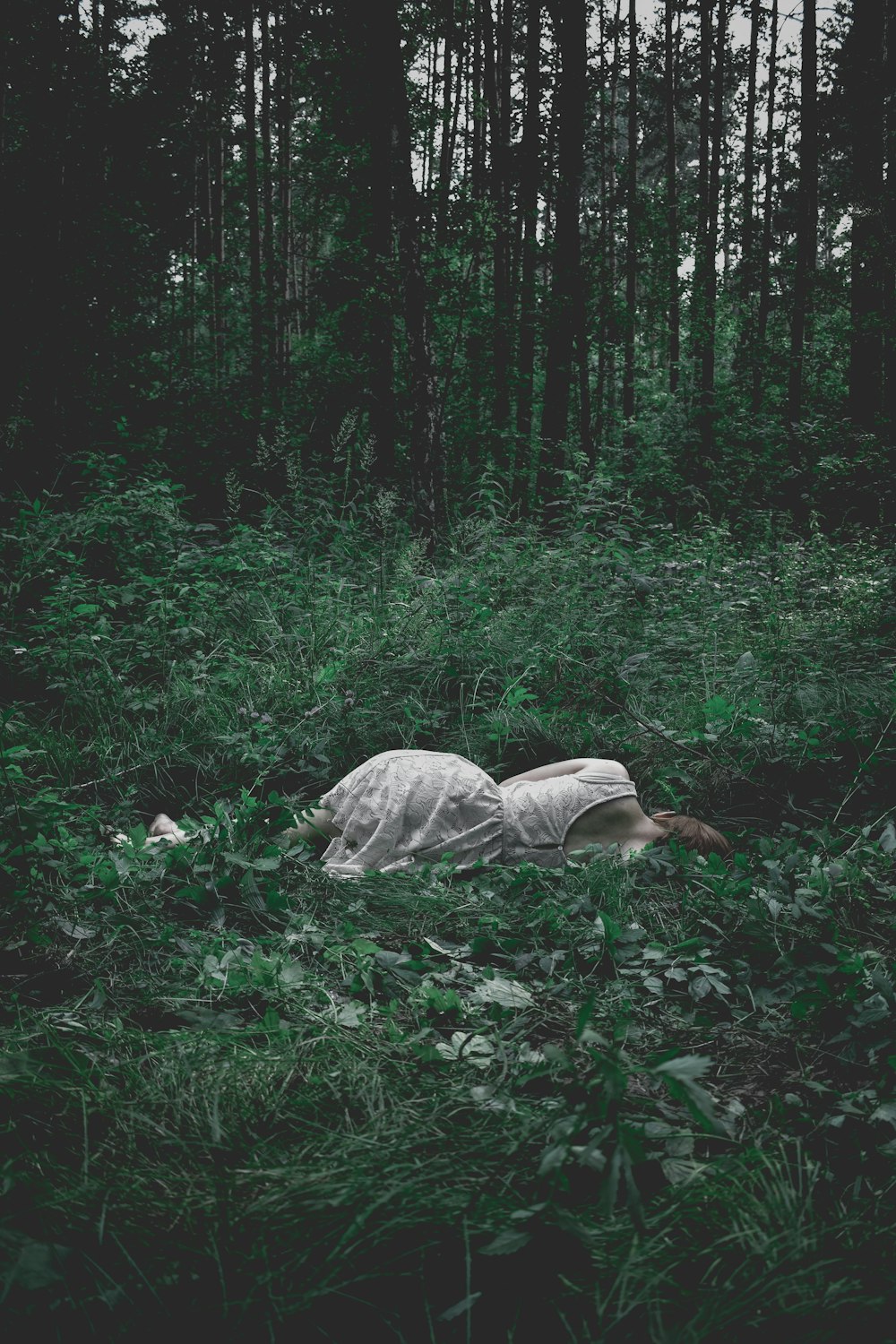 woman lying on green plants