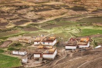 An aerial view of a rural landscape featuring a small cluster of white, flat-roofed buildings with red accents amidst expansive green and brown agricultural fields. Some fields appear freshly tilled while others show growth, creating a patchwork effect. Traditional structures with straw and farm equipment are visible. The scene includes a few people engaged in daily activities on the rooftops and around the buildings, adding a sense of community and livelihood.
