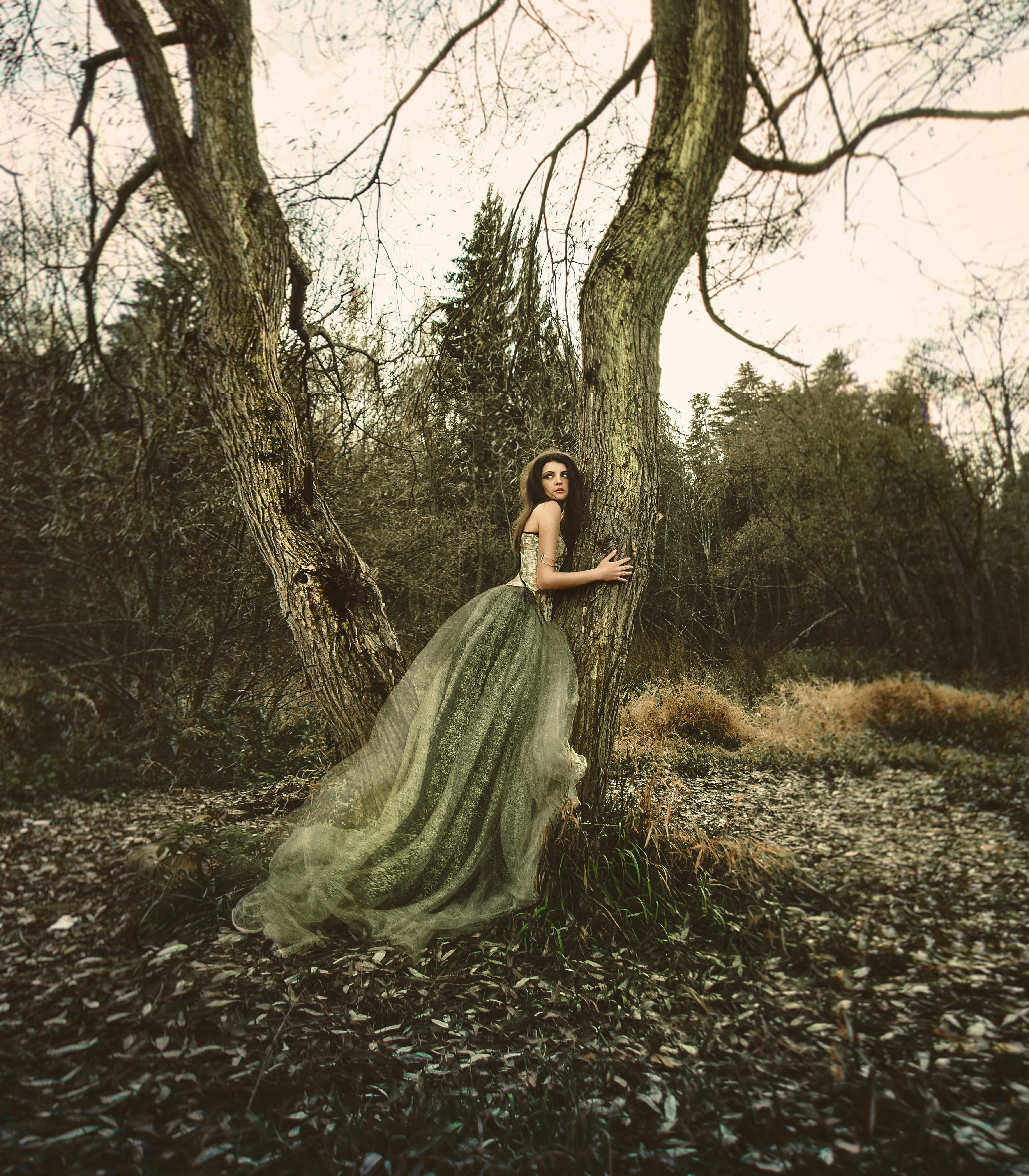 great photo recipe,how to photograph intricate thoughts lead to distortion. distortion generates reality.; sepia photography of woman wearing princess dress hugging truck