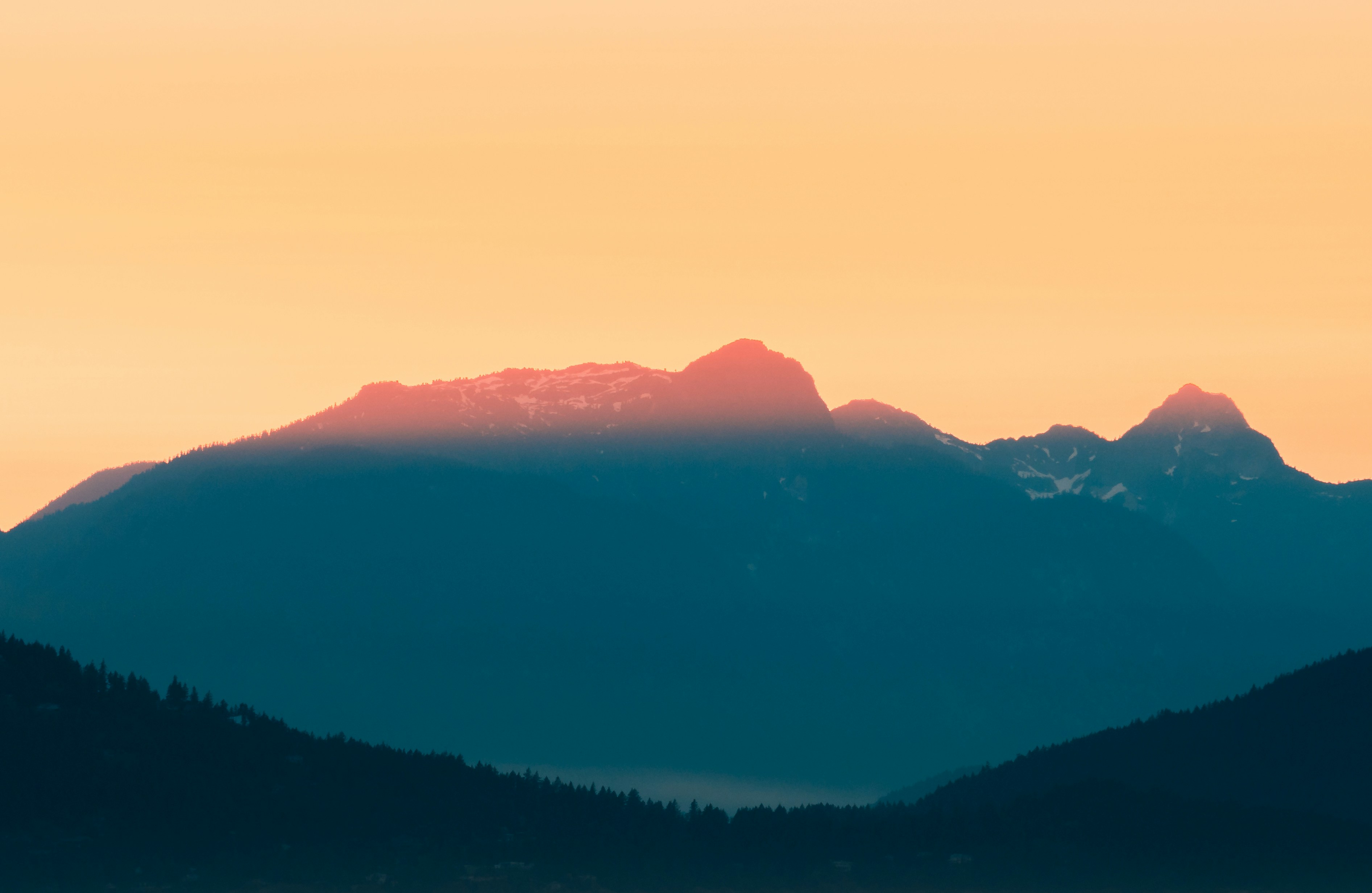 Mountain range and dark forest at dawn