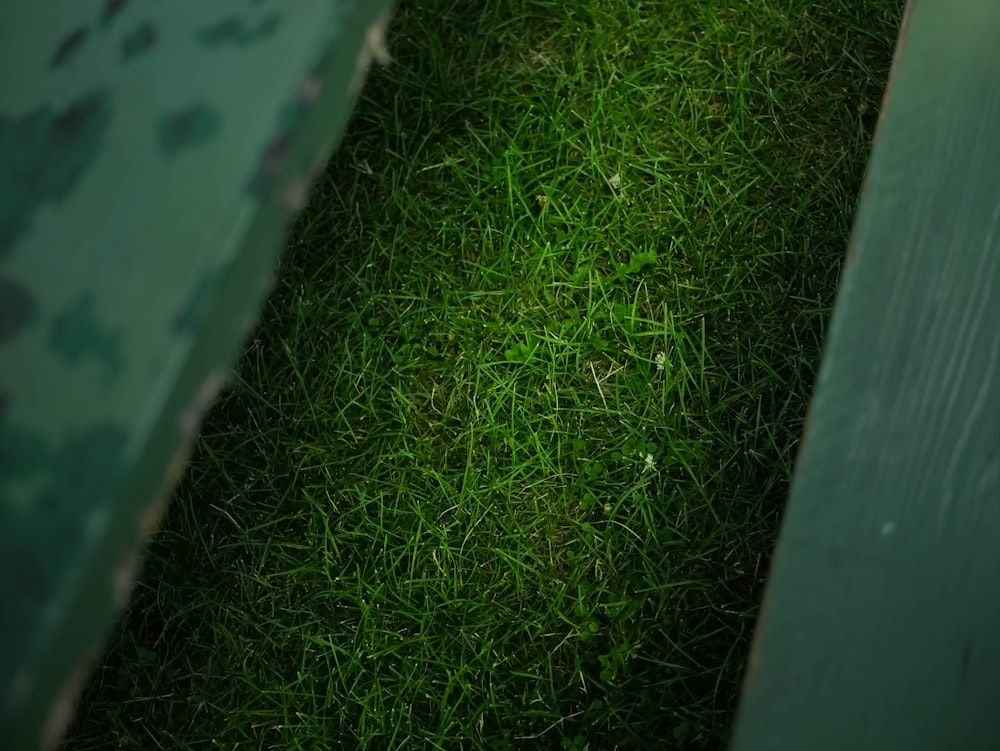 a close up of a green bench in the grass