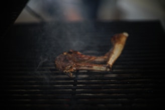 A single piece of grilled meat lies on a dark barbecue grill, with visible smoke rising. The meat appears well-cooked and charred, surrounded by a shadowy background.