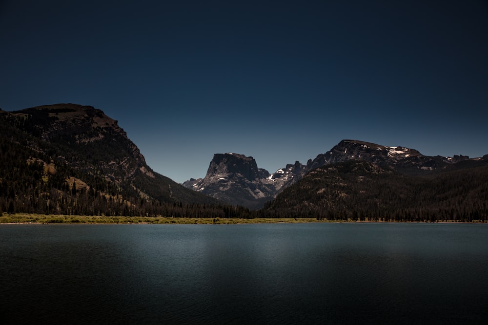 trees covered mountains near body of water during nighttime
