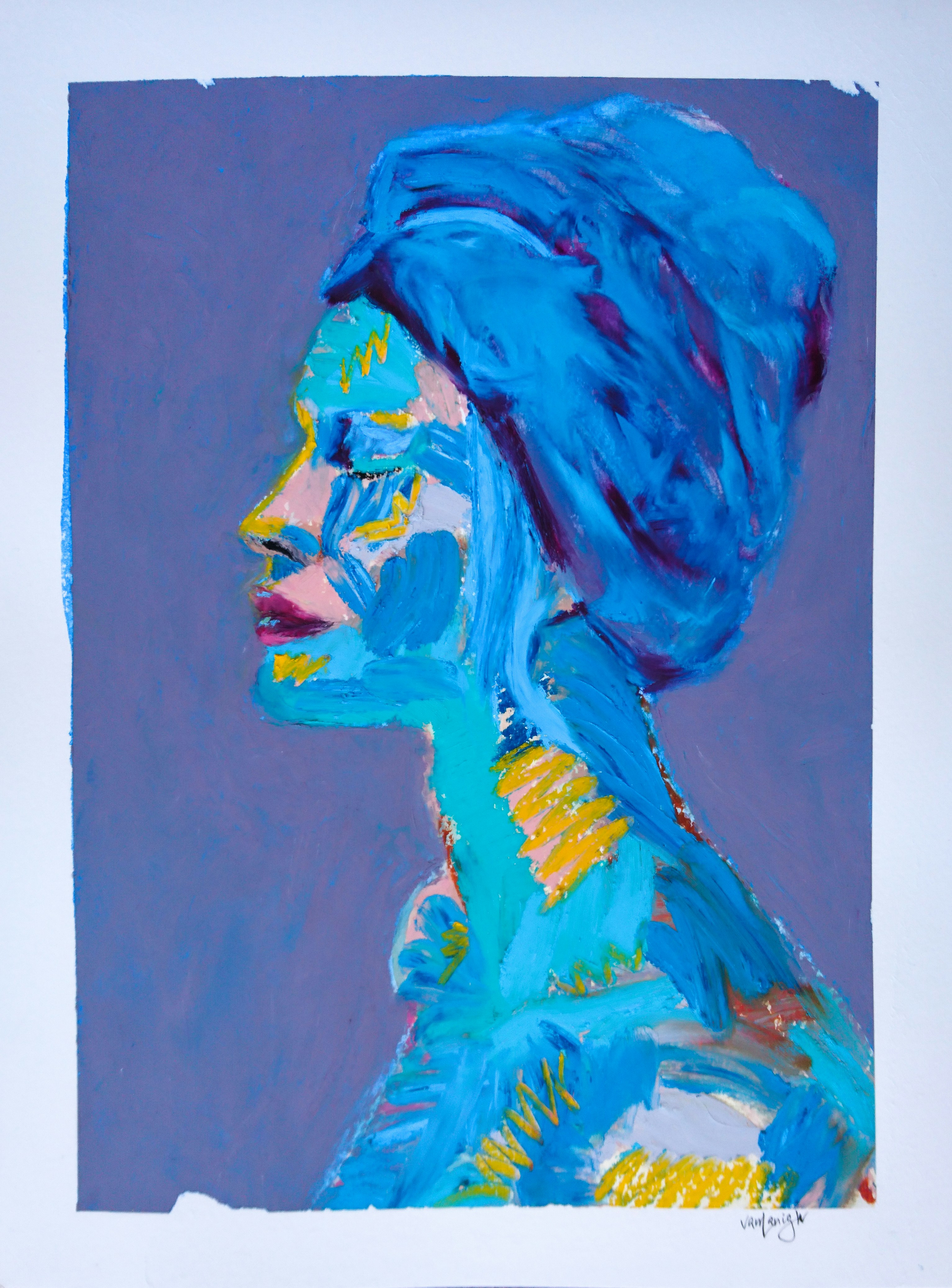 Portrait painting with bold Caribbean expressionist style, rich skin tones and vibrant background