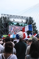 A large crowd of people gathered outdoors, many holding French flags and wearing patriotic attire. A person with a tricolor wig stands out in the foreground. In the background, a large screen displays an image of a packed stadium or crowd scene, indicating a public event or celebration. Trees and a structure resembling a bridge or stage rigging are visible.