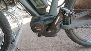 Detailed shot of the electric bike's motor and pedal system