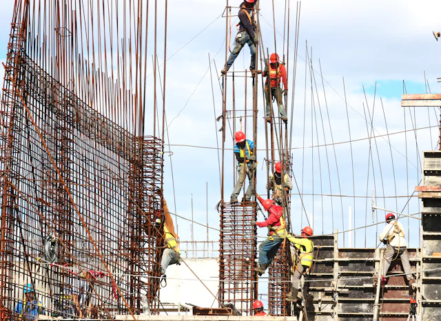 A crew working across a building under construction