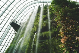 A vertical garden wall surrounded by a glass dome, with cascading waterfalls and lush greenery. People are observing the scene from an overhead platform.