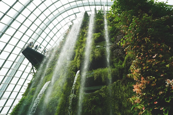 A vertical garden wall surrounded by a glass dome, with cascading waterfalls and lush greenery. People are observing the scene from an overhead platform.