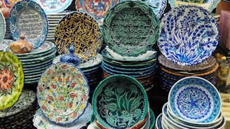 A close-up of intricate designs on ceramic plates.