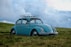 blue Volkswagen Beetle on grass field
