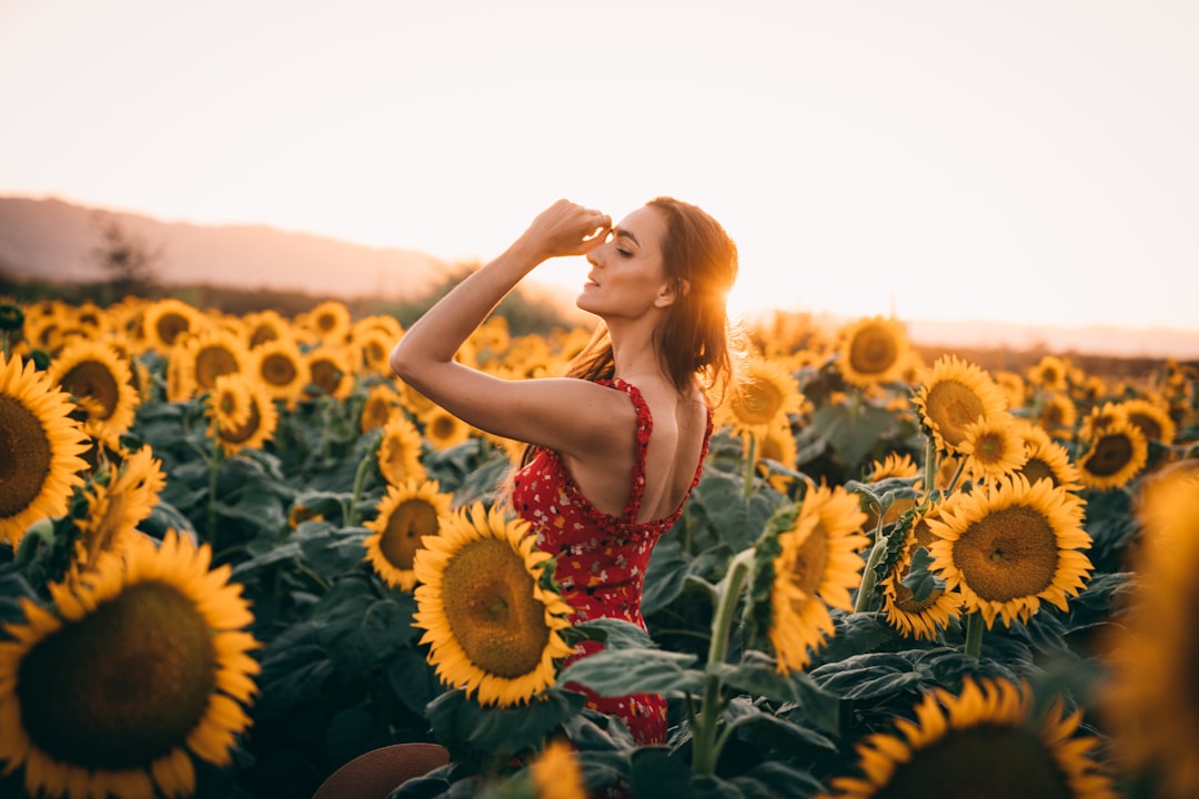 foto de mulher em meio as flores em plantação de girassóis