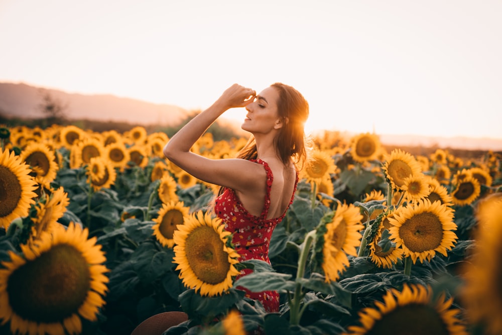 woman standing surrounding by sunflowers