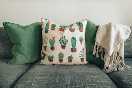 A comfortable sofa adorned with two green cushions and a decorative pillow featuring various cactus designs. A soft, beige throw is draped over the right side of the s