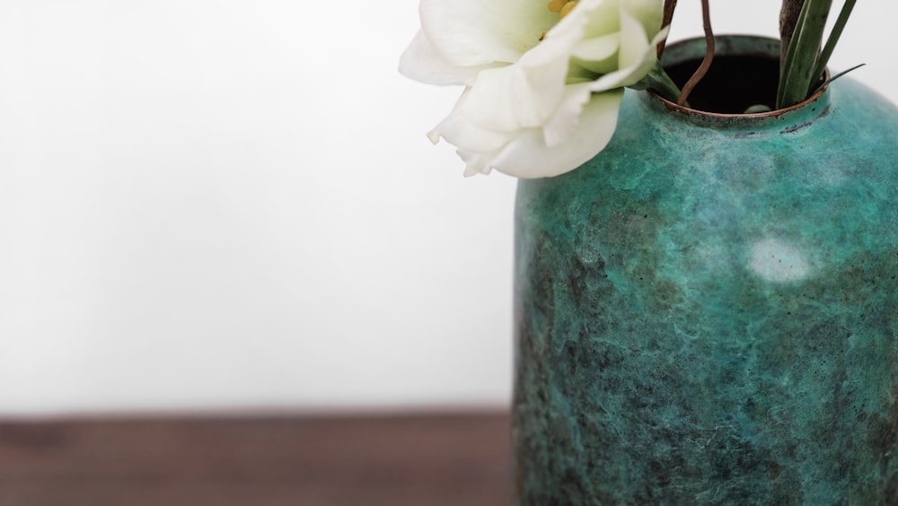 flor branca da pétala no vaso de cerâmica verde