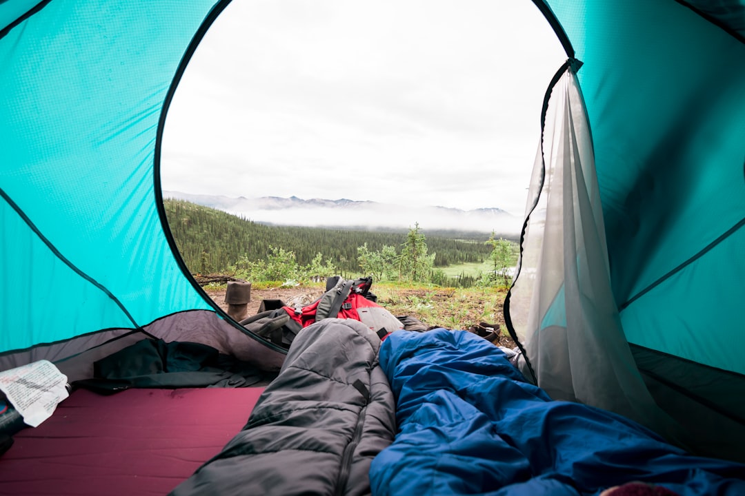 blue and gray sleeping mat inside tent