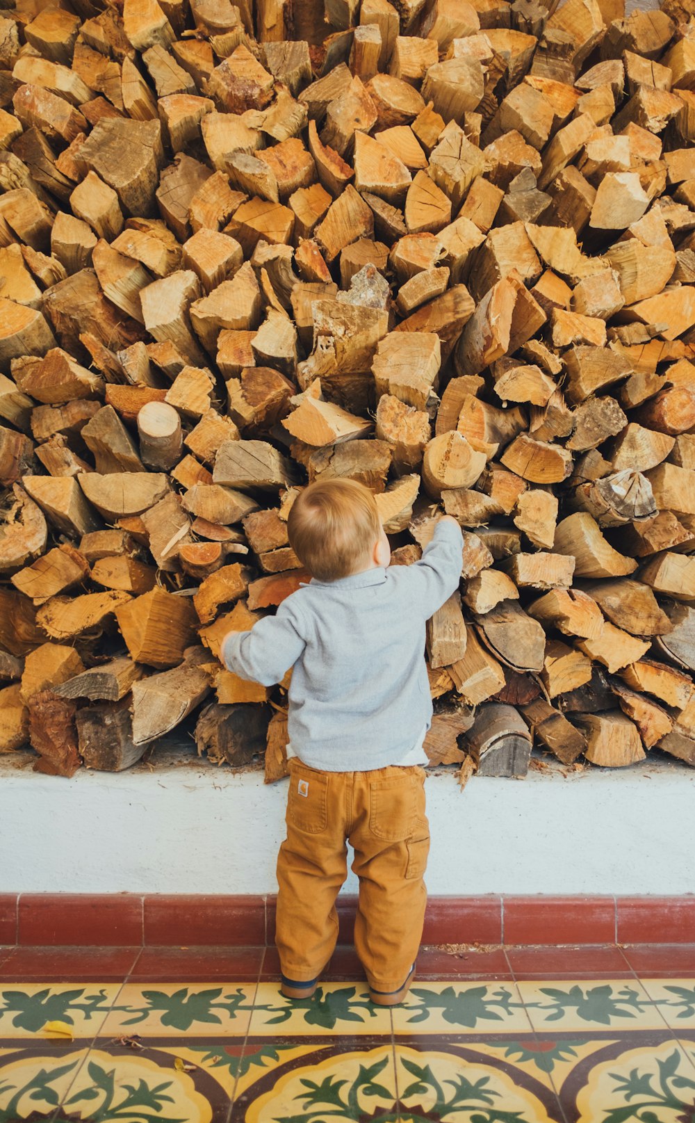 boy holding brown log