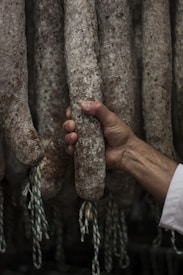 A hand grasps one of several hanging cured sausages, each tied with a green and white string. The sausages appear to have a textured, dry surface typical of cured meats.