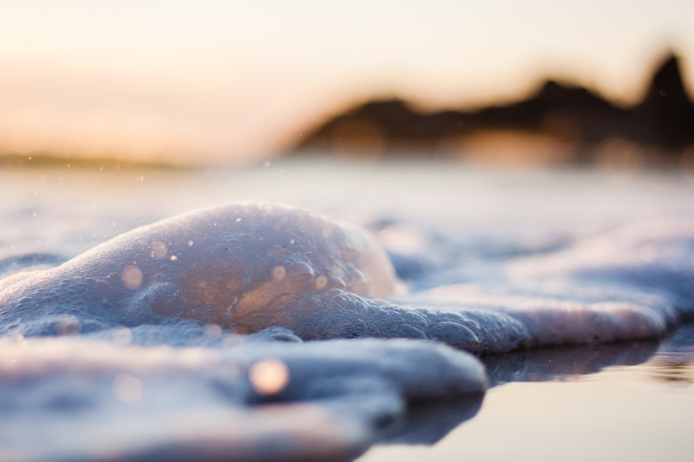 a close up of some ice on the water