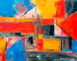 Close-up of a contemporary geometric painting with bold colors and intersecting shapes.