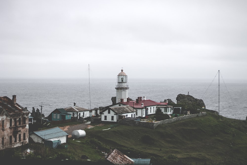 houses near green field viewing sea