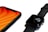 A close-up view of a smartphone and a smartwatch placed on a white surface. The smartphone has a bright orange screen, while the smartwatch displays the time with black and white color tones. Both devices have a sleek, modern design with black exterior finishes.
