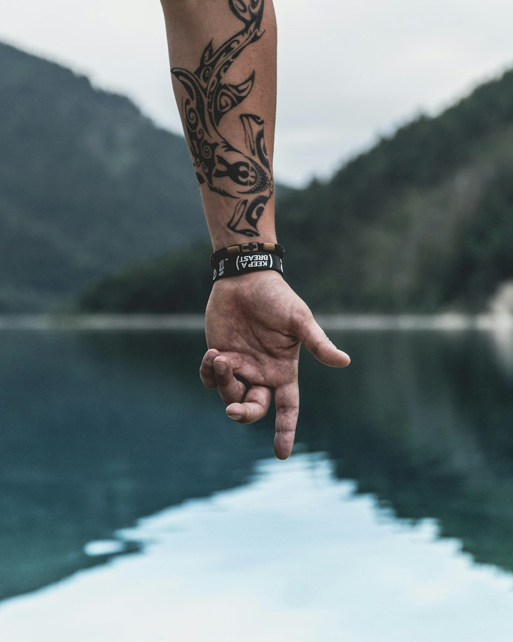 Mano de la persona que señala el cuerpo de agua con el tatuaje de la muñeca