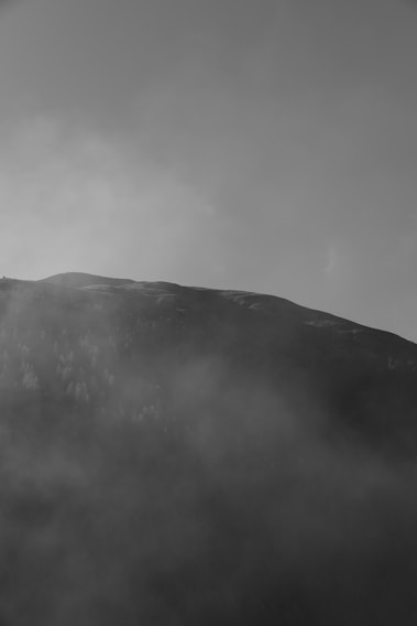 A misty Appalachian mountain ridge at dawn with faint glowing lights hovering above the treetops.