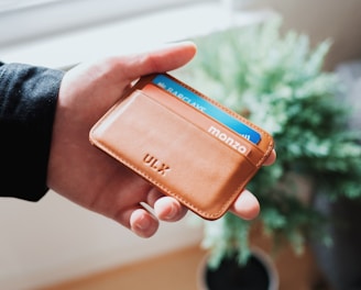 person holding brown ULX leather wallet