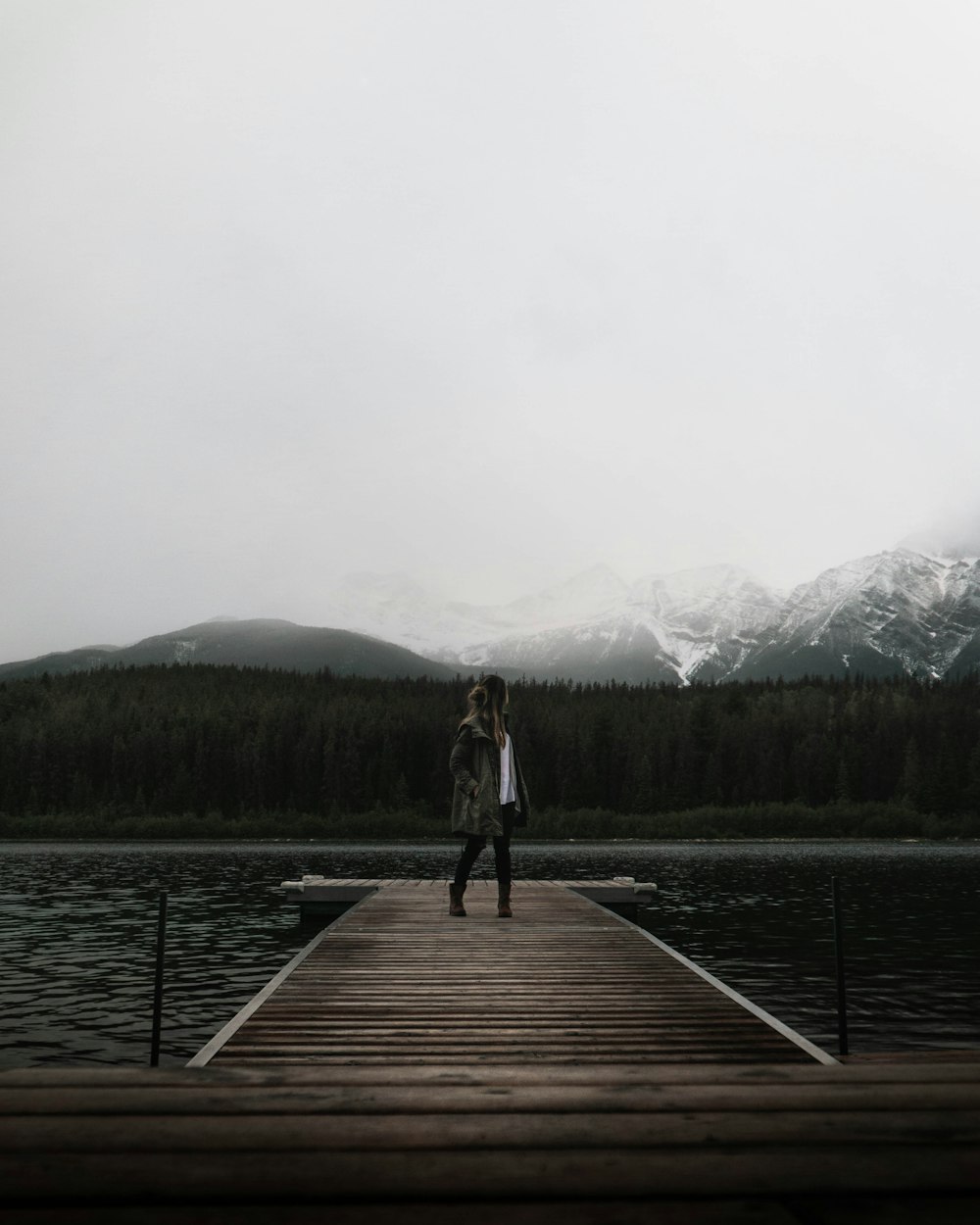 person standing on brown dock