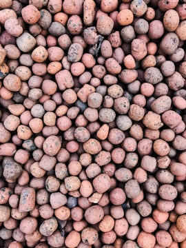 A collection of many small, round clay or stone pebbles closely packed together. They have a textured and slightly porous surface, varying in shades of earthy tones.