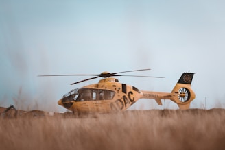 A yellow helicopter with the word 'ADAC' and 'NOTARZT' written on its side is parked in a grassy field. The background features a clear sky and some distant structures, giving a sense of an open, rural area.