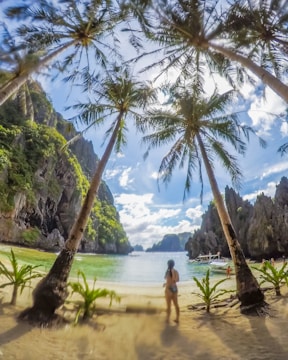 A woman in swimwear stands on a pristine sandy beach, surrounded by towering limestone cliffs and coconut palm trees. The clear blue sky is dotted with some clouds, and a small boat floats on the turquoise water near the shore.