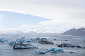 Floating icebergs punctuate the calm waters of a vast glacial lagoon, with snow-capped mountains visible in the distance under a light blue sky. The scene captures a peaceful and expansive arctic landscape.
