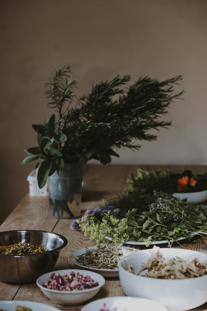 bundles of fresh rosemary and sage herbs