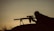 Silhouette of a person lying prone on a hill, aiming a sniper rifle equipped with a scope and bipod. The foreground is in shadow, emphasizing the outline of the rifle and the person. The background is a gradient of warm colors, suggesting sunset or sunrise.